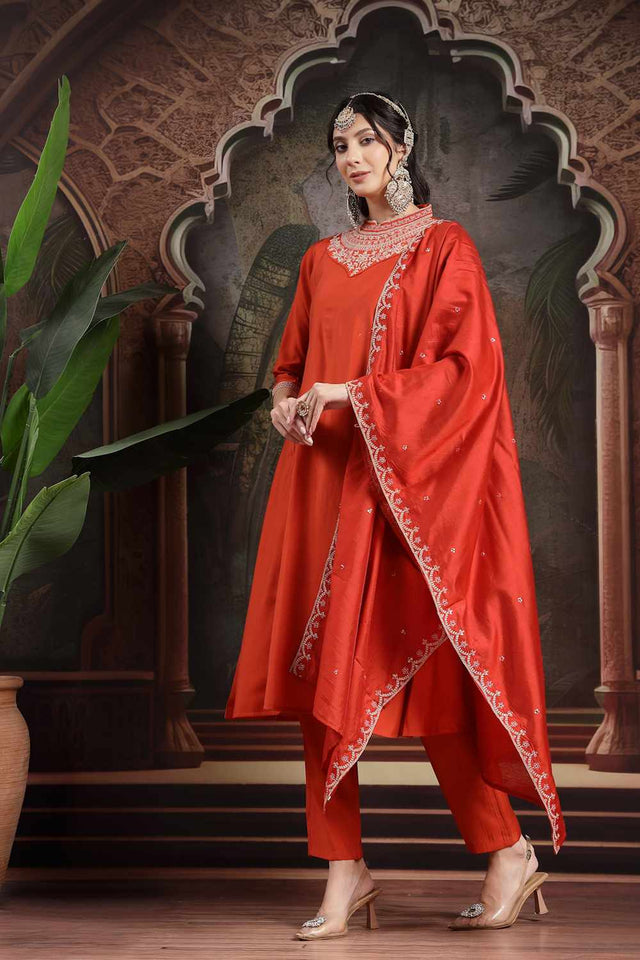 Orange Embroidery Silk Blend Kurti Pant Set