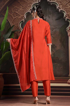 Orange Embroidery Silk Blend Kurti Pant Set