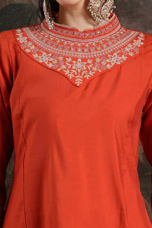 Orange Embroidery Silk Blend Kurti Pant Set