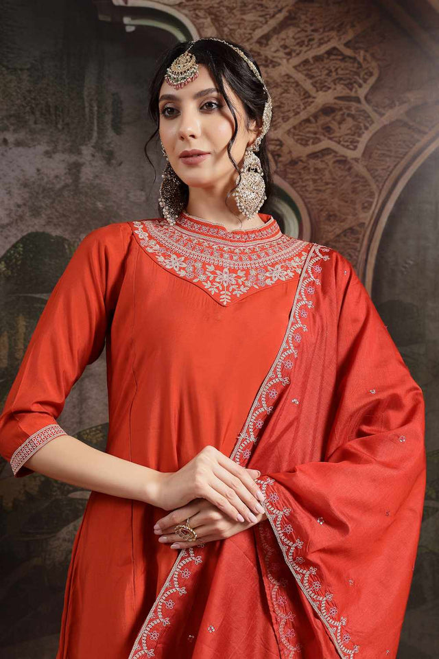 Orange Embroidery Silk Blend Kurti Pant Set