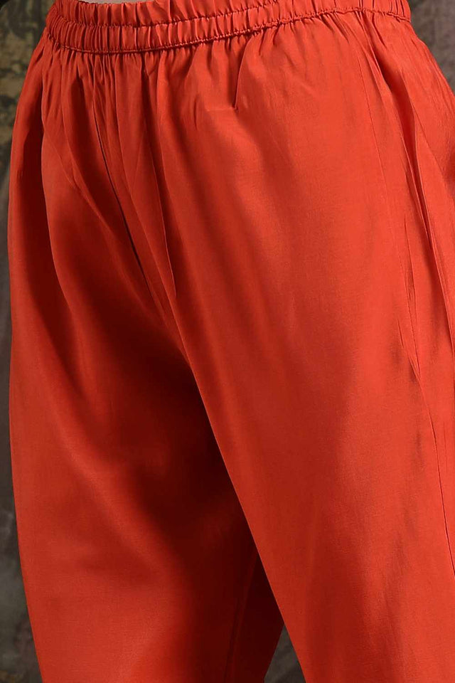 Orange Embroidery Silk Blend Kurti Pant Set