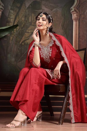 Red Embroidery Silk Blend Kurti Palazzo Set (6560SKDRD)