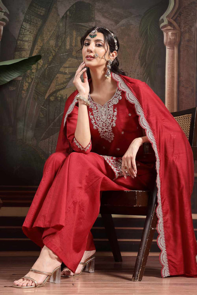 Red Embroidery Silk Blend Kurti Palazzo Set (6560SKDRD)