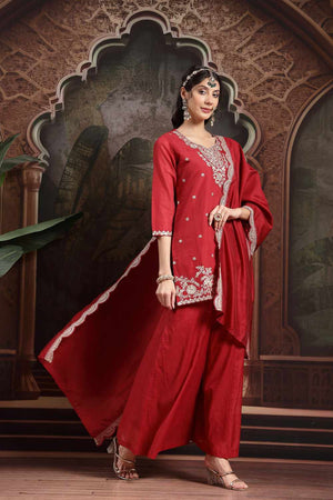 Red Embroidery Silk Blend Kurti Palazzo Set (6560SKDRD)