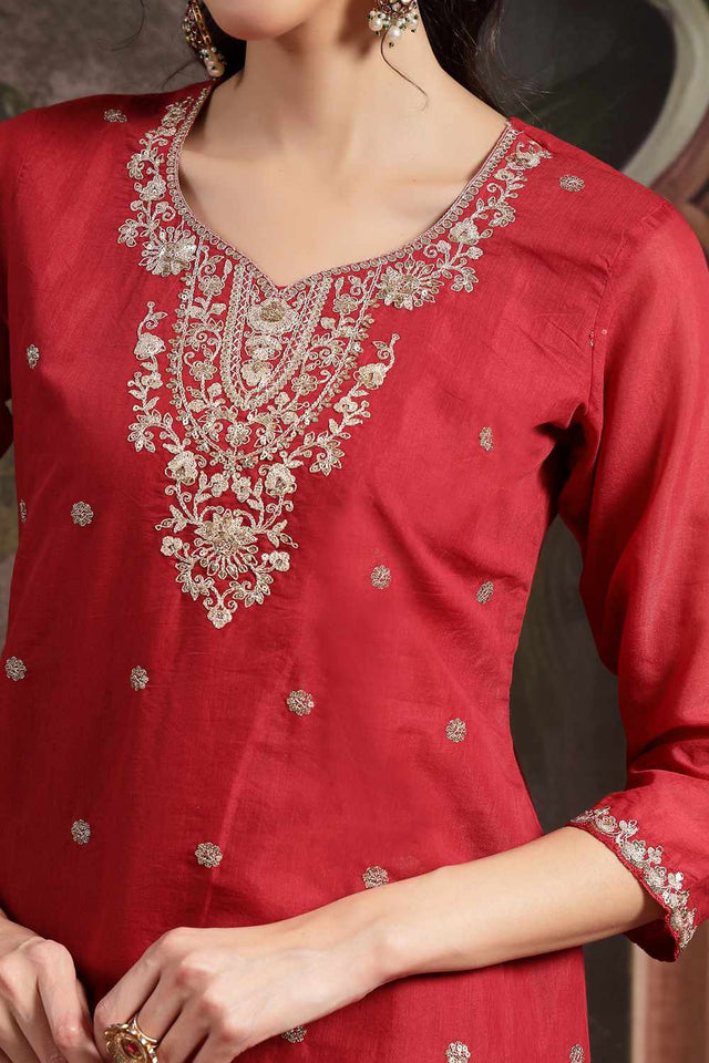 Red Embroidery Silk Blend Kurti Palazzo Set (6560SKDRD)
