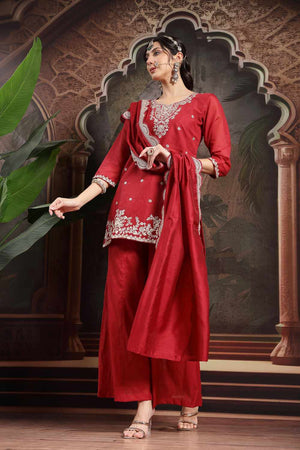 Red Embroidery Silk Blend Kurti Palazzo Set (6560SKDRD)