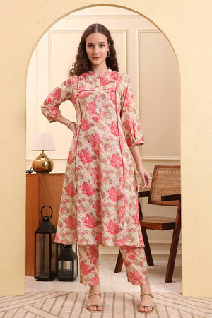 Pink Floral Printed Linen Straight Cut Suit Set