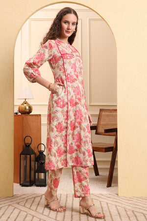 Pink Floral Printed Linen Straight Cut Suit Set