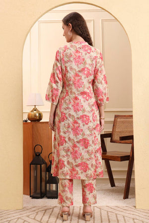 Pink Floral Printed Linen Straight Cut Suit Set