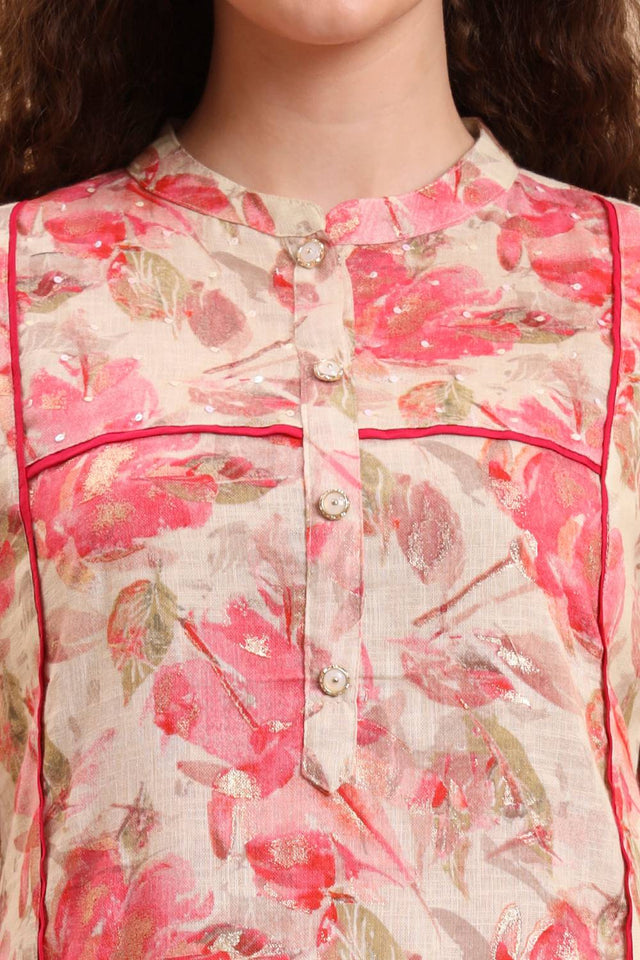 Pink Floral Printed Linen Straight Cut Suit Set