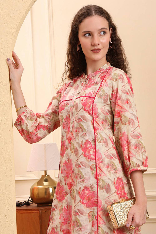 Pink Floral Printed Linen Straight Cut Suit Set