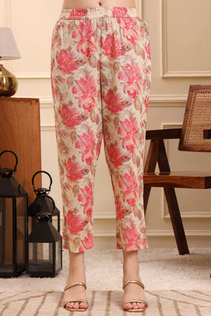 Pink Floral Printed Linen Straight Cut Suit Set
