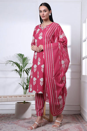 Pink Floral Printed Cotton Straight Cut Suit Set