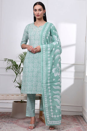 Green Floral Printed Cotton Straight Cut Suit Set