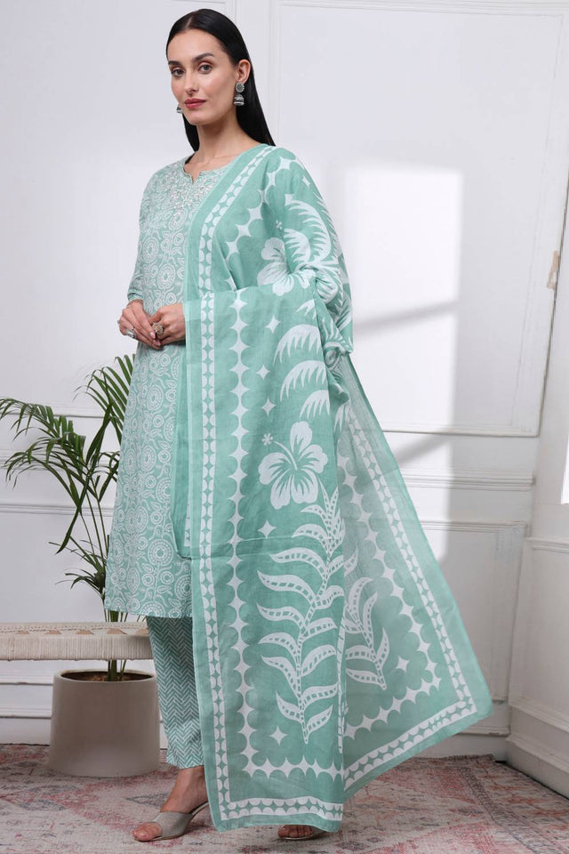 Green Floral Printed Cotton Straight Cut Suit Set
