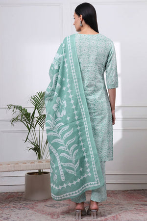 Green Floral Printed Cotton Straight Cut Suit Set