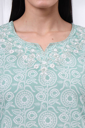 Green Floral Printed Cotton Straight Cut Suit Set