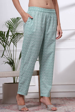 Green Floral Printed Cotton Straight Cut Suit Set