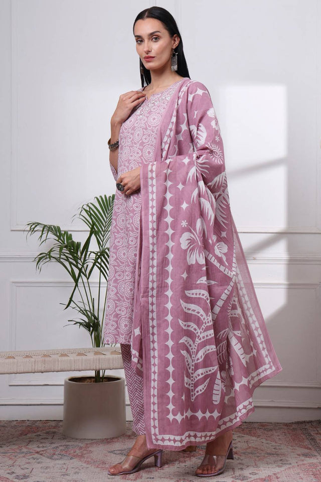 Mauve Floral Printed Cotton Straight Cut Suit Set