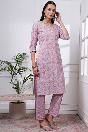 Mauve Floral Printed Cotton Straight Cut Suit Set