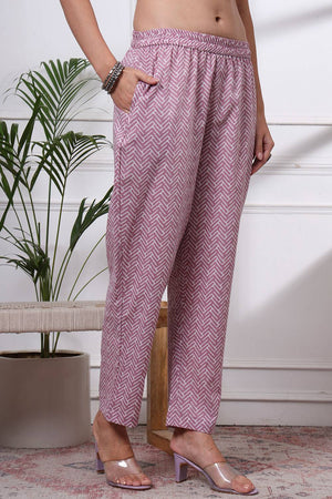 Mauve Floral Printed Cotton Straight Cut Suit Set