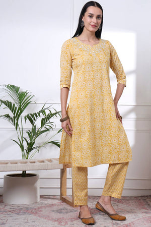 Yellow Floral Printed Cotton Straight Cut Suit Set
