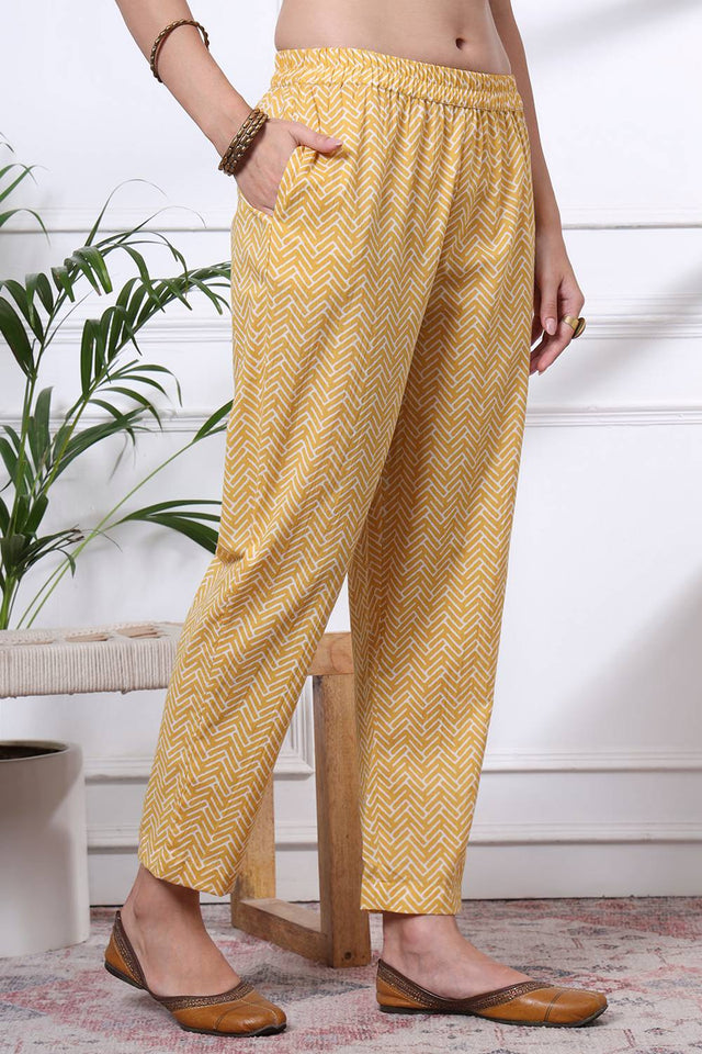Yellow Floral Printed Cotton Straight Cut Suit Set