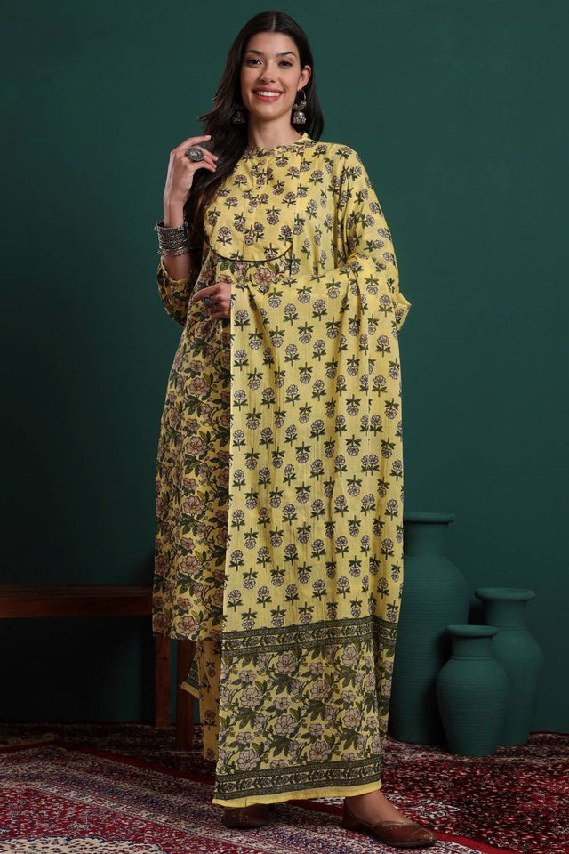 Yellow Floral Printed Cotton Straight Cut Suit Set