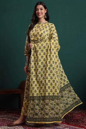 Yellow Floral Printed Cotton Straight Cut Suit Set