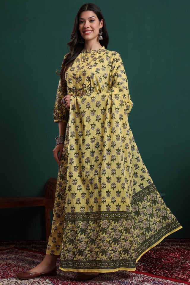 Yellow Floral Printed Cotton Straight Cut Suit Set