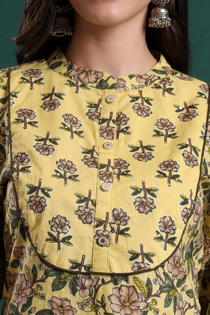 Yellow Floral Printed Cotton Straight Cut Suit Set