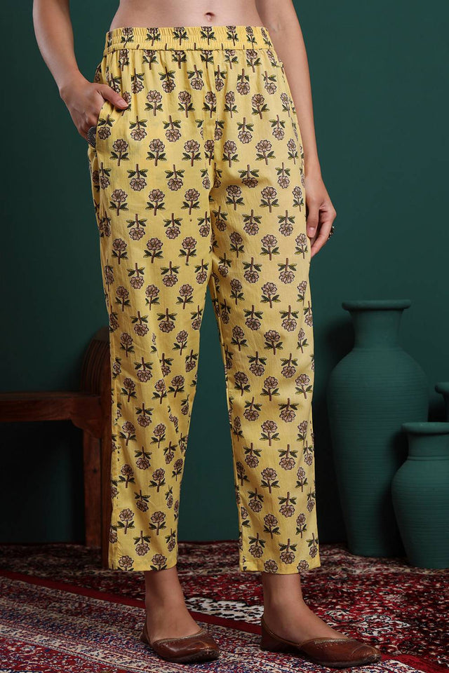 Yellow Floral Printed Cotton Straight Cut Suit Set