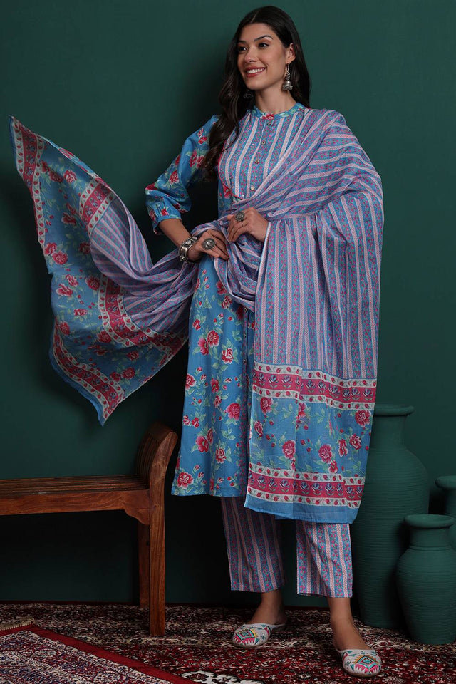 Turquoise Floral Printed Cotton Straight Cut Suit Set