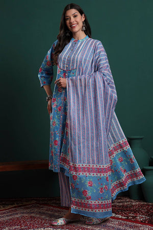 Turquoise Floral Printed Cotton Straight Cut Suit Set