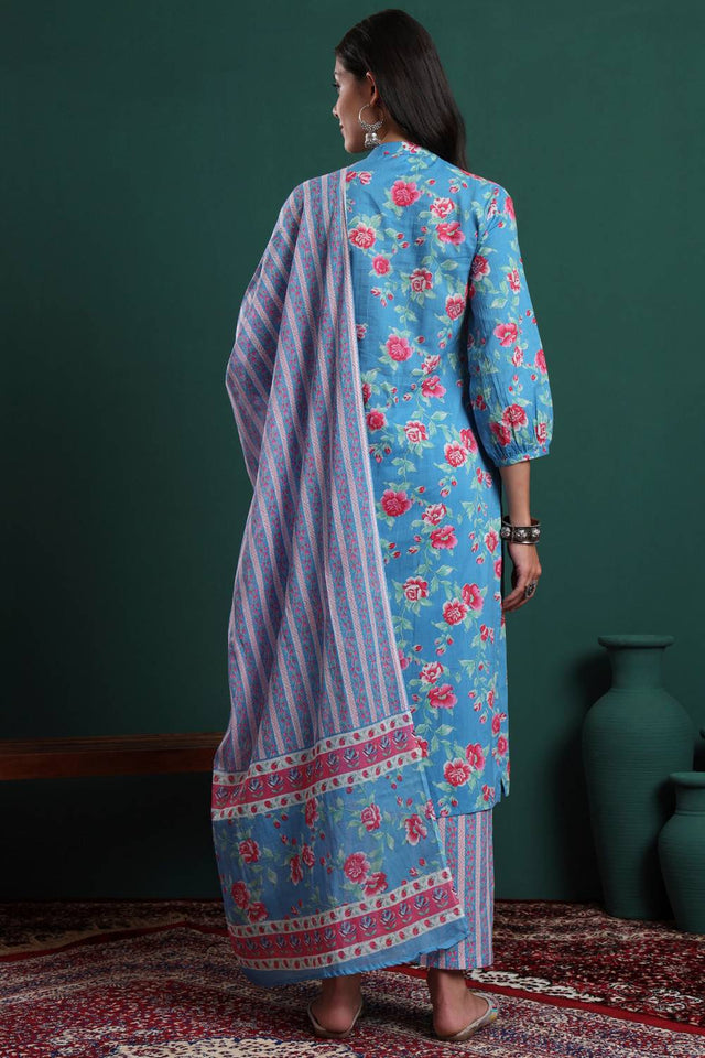 Turquoise Floral Printed Cotton Straight Cut Suit Set