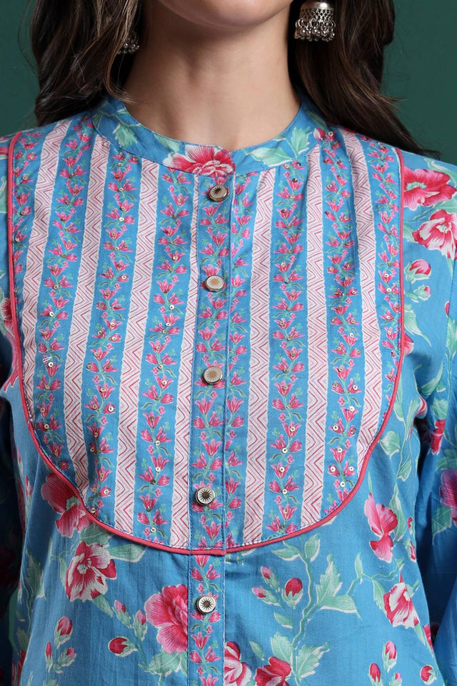 Turquoise Floral Printed Cotton Straight Cut Suit Set