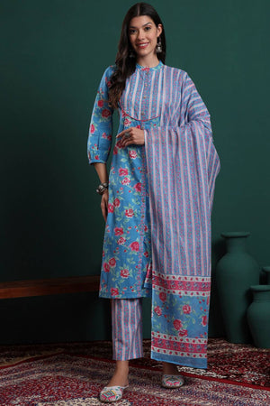 Turquoise Floral Printed Cotton Straight Cut Suit Set