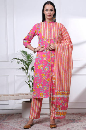 Pink Floral Printed Cotton Straight Cut Suit Set
