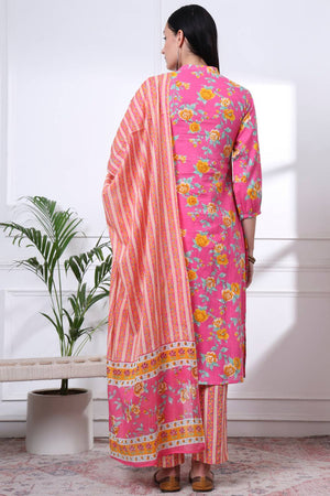 Pink Floral Printed Cotton Straight Cut Suit Set