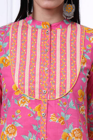 Pink Floral Printed Cotton Straight Cut Suit Set