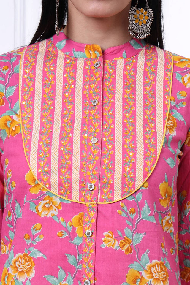Pink Floral Printed Cotton Straight Cut Suit Set