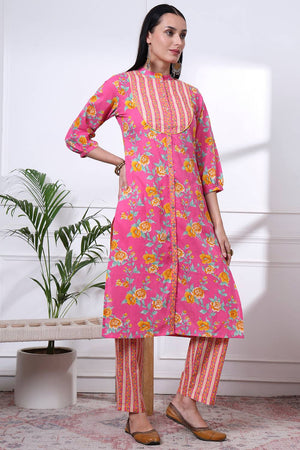 Pink Floral Printed Cotton Straight Cut Suit Set