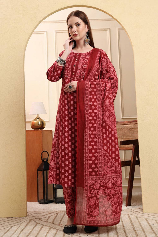 Maroon Floral Printed Cotton Straight Cut Suit Set
