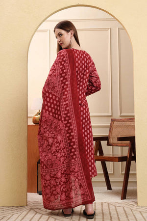 Maroon Floral Printed Cotton Straight Cut Suit Set