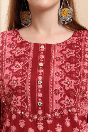 Maroon Floral Printed Cotton Straight Cut Suit Set