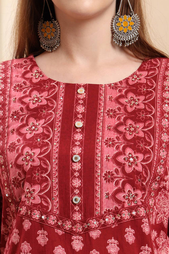 Maroon Floral Printed Cotton Straight Cut Suit Set