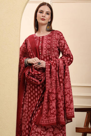 Maroon Floral Printed Cotton Straight Cut Suit Set