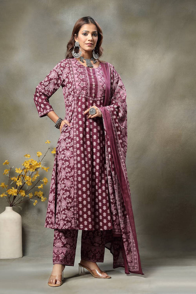 Violet Floral Printed Cotton Straight Cut Suit Set
