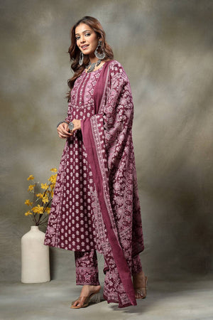 Violet Floral Printed Cotton Straight Cut Suit Set