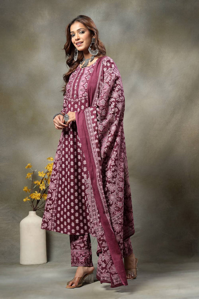 Violet Floral Printed Cotton Straight Cut Suit Set